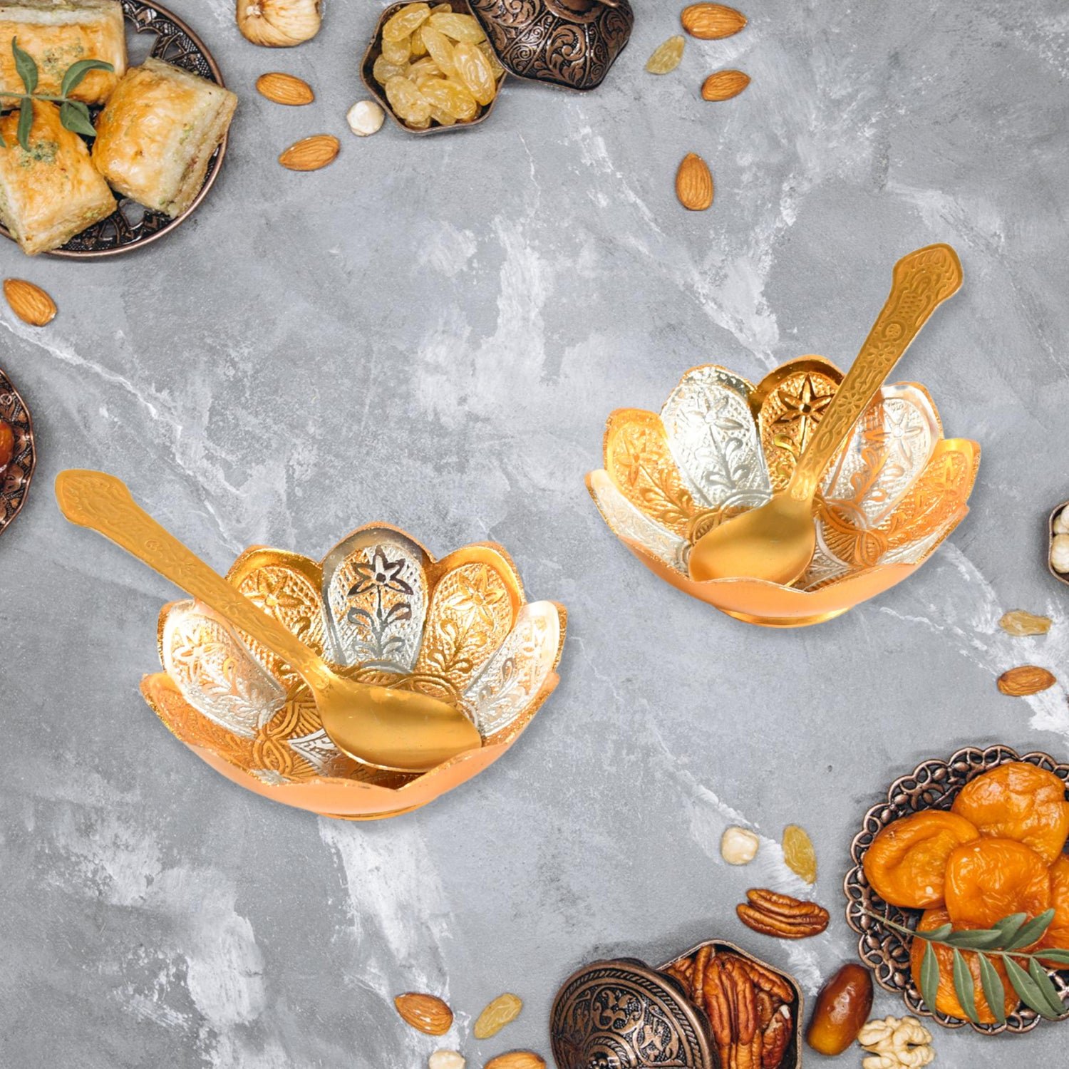 5in1 Gold Silver Plated 2 Bowl 2 Spoon Tray Set Brass with Red Velvet Gift Box Serving Dry Fruits Desserts Gift - Shivani Jaswal 5in1 Gold Silver Plated 2 Bowl 2 Spoon Tray Set Brass with Red Velvet Gift Box Serving Dry Fruits Desserts Gift