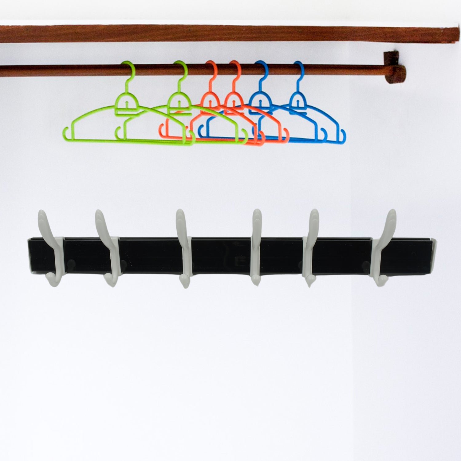 Wall Door Hook Rail | 6 Hook Hanger for Clothes & Hats | With Eco-Friendly Adhesive - Shivani Jaswal Wall Door Hook Rail | 6 Hook Hanger for Clothes & Hats | With Eco-Friendly Adhesive