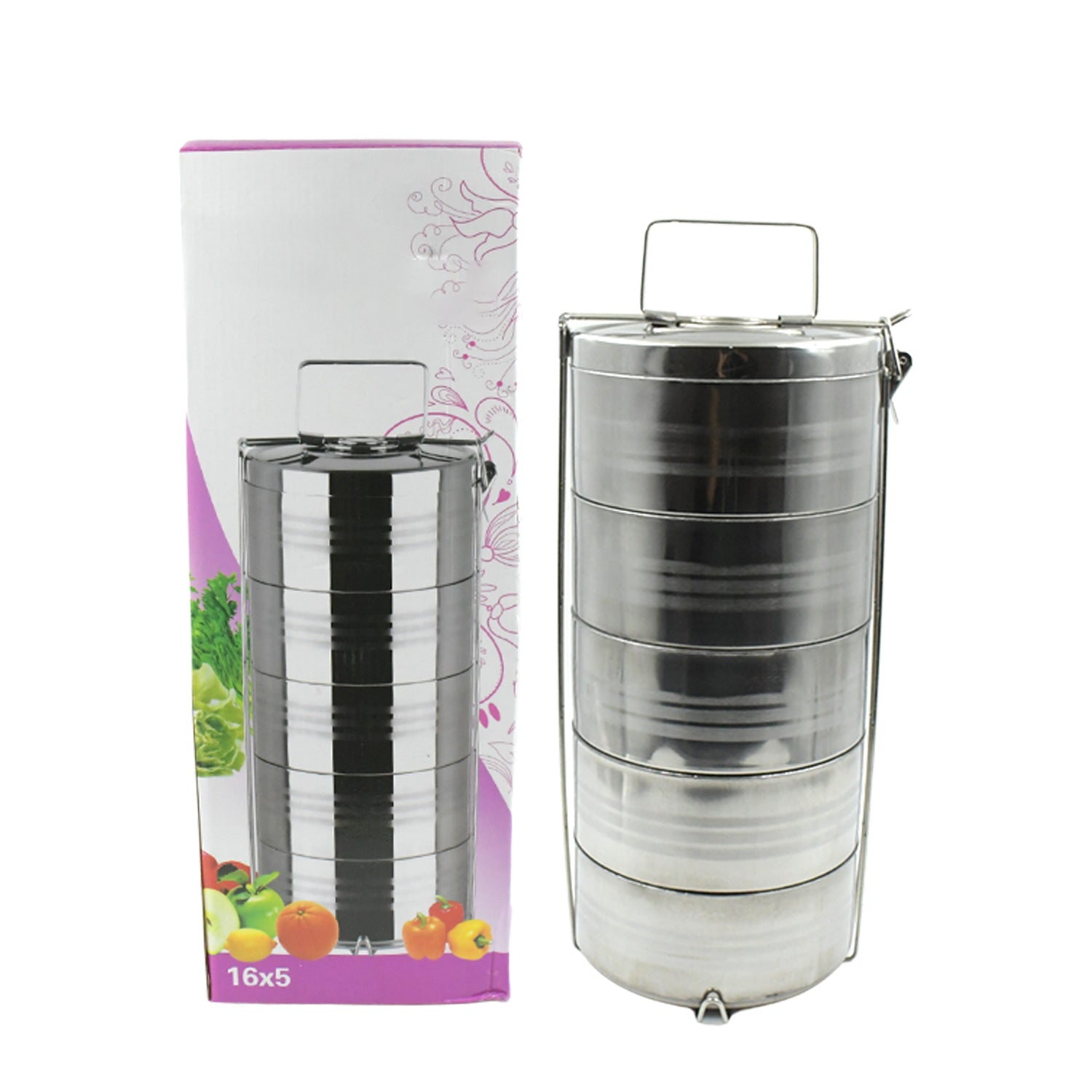 5 Compartment Lunch Box (Stainless Steel): Round Tiffin, Leakproof (16x5") - Shivani Jaswal 5 Compartment Lunch Box (Stainless Steel): Round Tiffin, Leakproof (16x5")