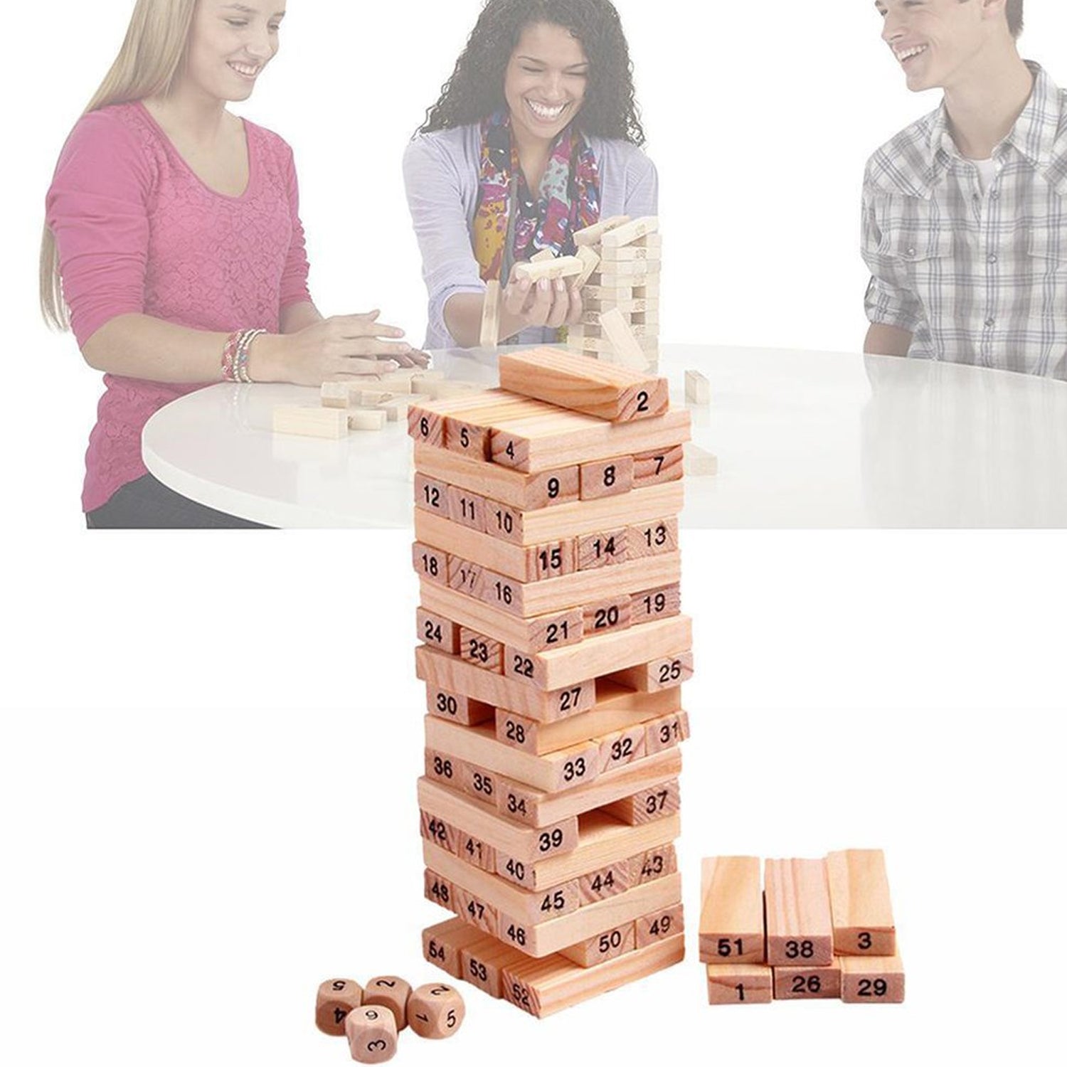 54 Pcs Blocks 4 Dices Wooden Tumbling Stacking Building - Shivani Jaswal 54 Pcs Blocks 4 Dices Wooden Tumbling Stacking Building