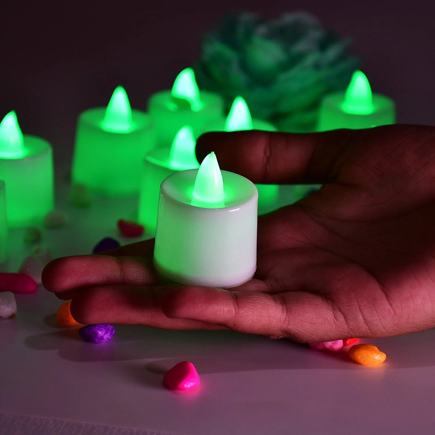 GREEN FLAMELESS LED TEALIGHTS, SMOKELESS PLASTIC DECORATIVE CANDLES - LED TEA LIGHT CANDLE FOR HOME DECORATION (PACK OF 8) - Shivani Jaswal GREEN FLAMELESS LED TEALIGHTS, SMOKELESS PLASTIC DECORATIVE CANDLES - LED TEA LIGHT CANDLE FOR HOME DECORATION (PACK OF 8)