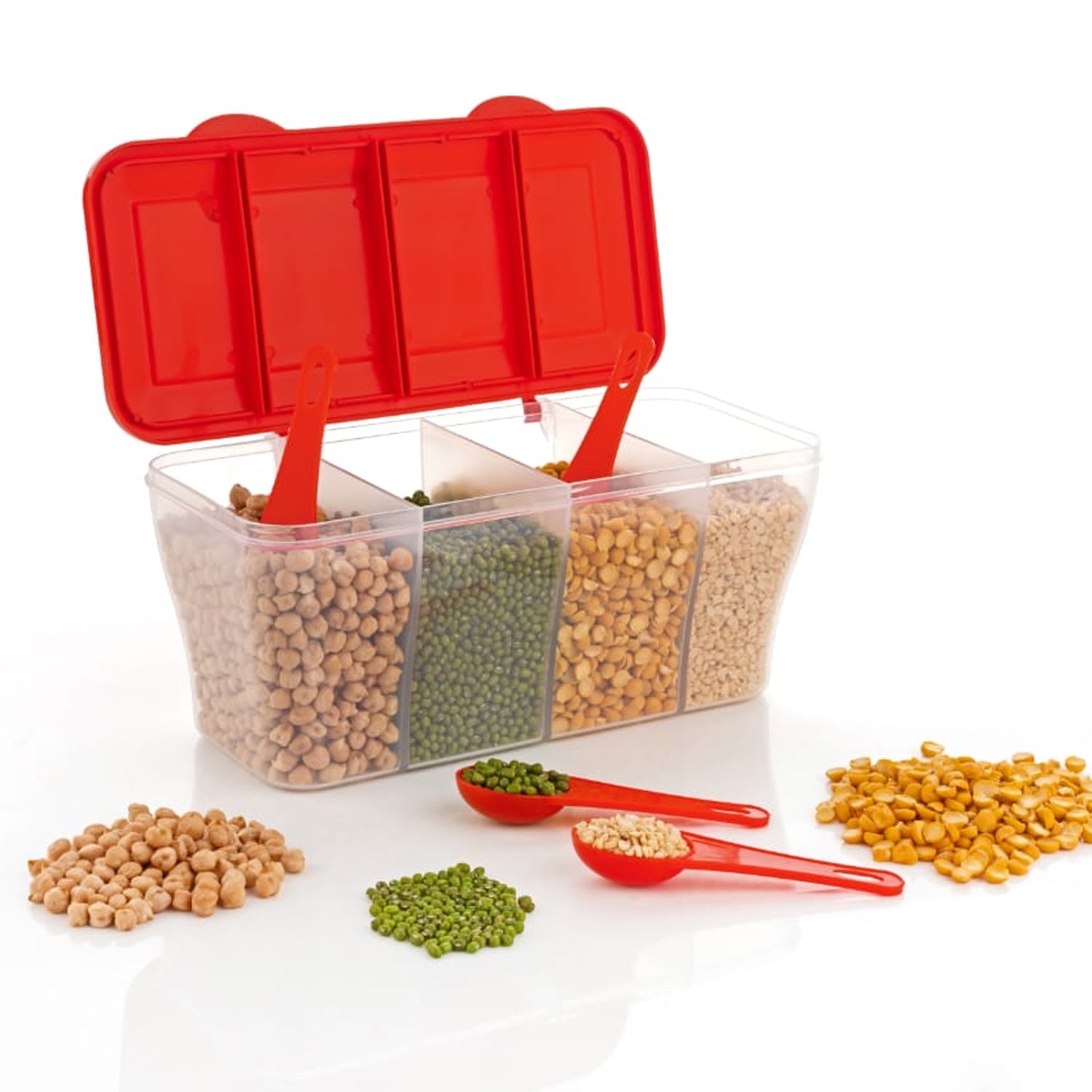 Kitchen Airtight 4-Section Storage Container / Pickle Jar with 4 Spoons (1 Pc / Mix Color) - Shivani Jaswal Kitchen Airtight 4-Section Storage Container / Pickle Jar with 4 Spoons (1 Pc / Mix Color)