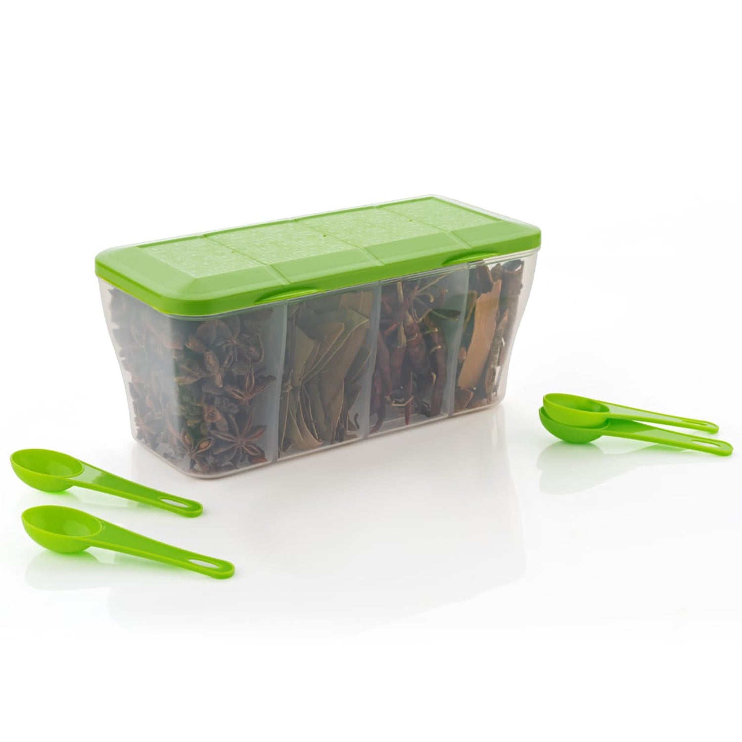 Kitchen Airtight 4-Section Storage Container / Pickle Jar with 4 Spoons (1 Pc / Mix Color) - Shivani Jaswal Kitchen Airtight 4-Section Storage Container / Pickle Jar with 4 Spoons (1 Pc / Mix Color)