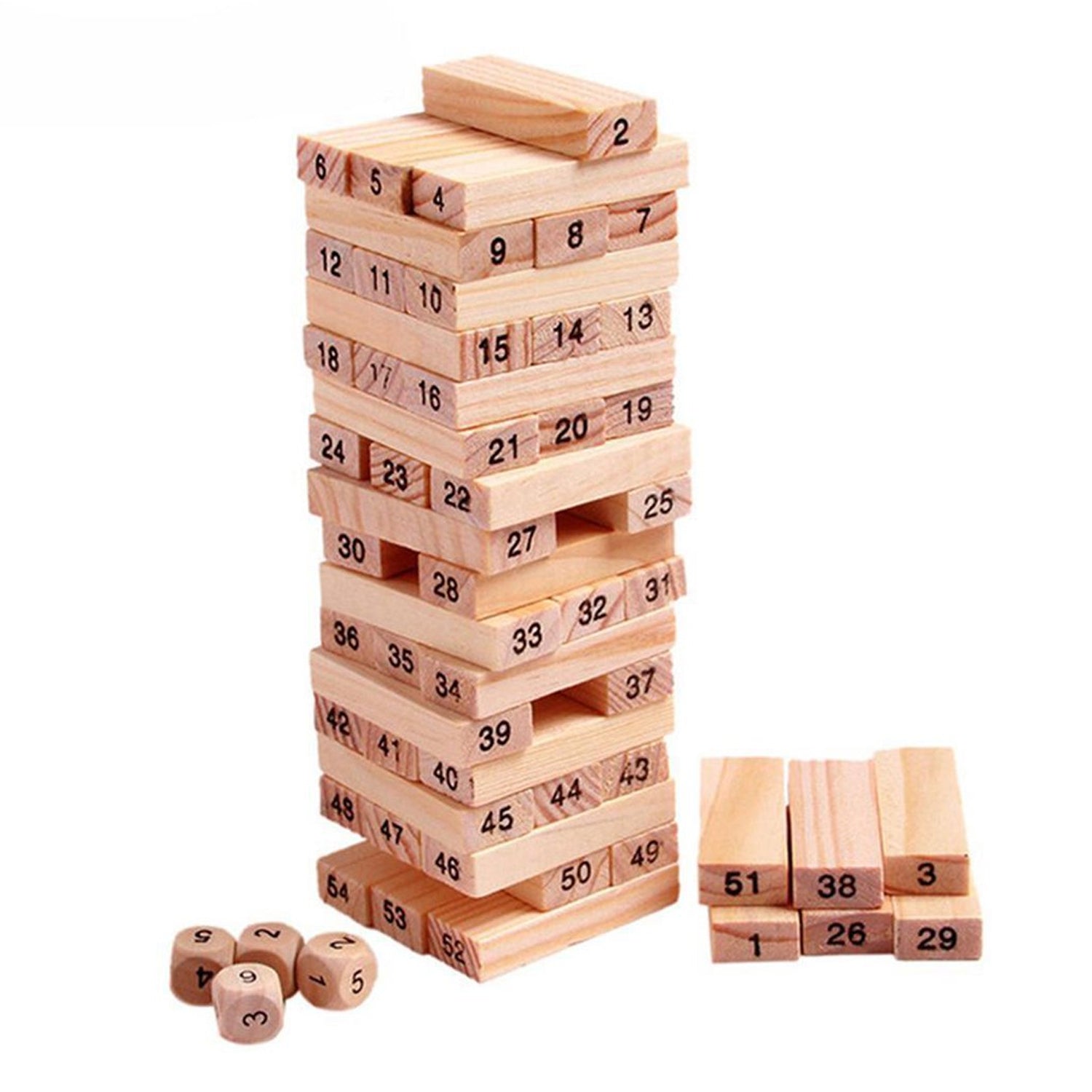 54 Pcs Blocks 4 Dices Wooden Tumbling Stacking Building - Shivani Jaswal 54 Pcs Blocks 4 Dices Wooden Tumbling Stacking Building