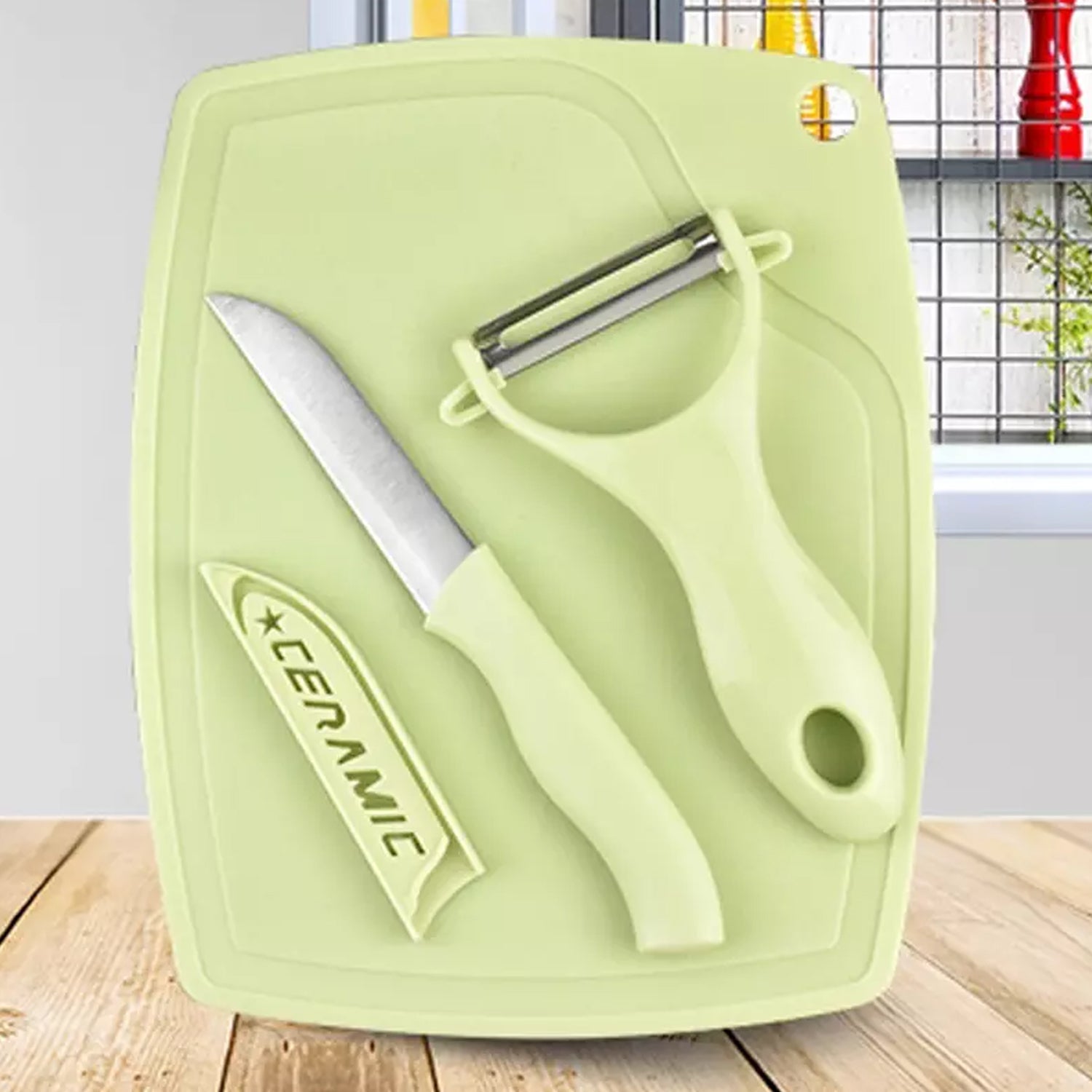 Plastic Kitchen Peeler - Green & Classic Stainless Steel 3-Piece Knife Set Combo - Shivani Jaswal Plastic Kitchen Peeler - Green & Classic Stainless Steel 3-Piece Knife Set Combo