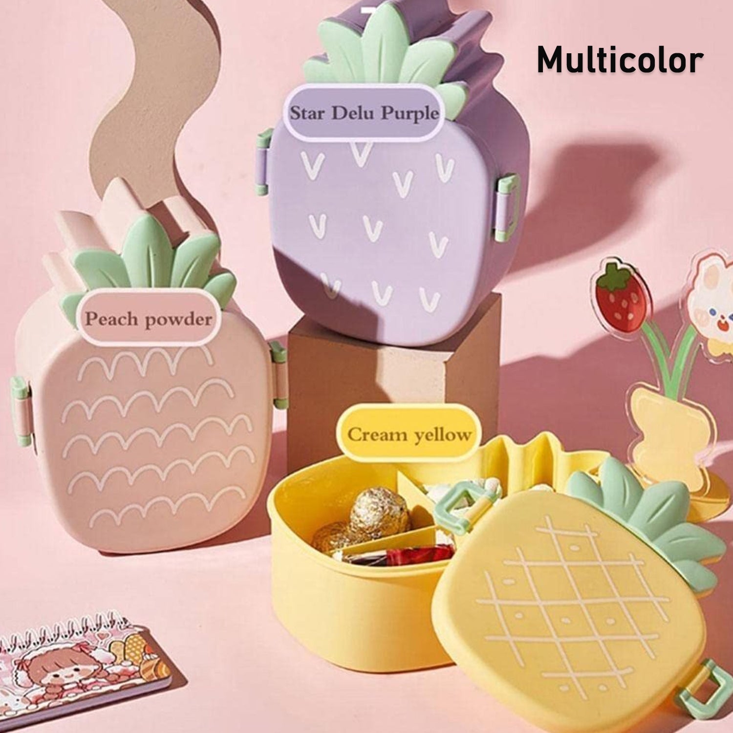 Kids Lunch Box Cute Pineapple Shaped Bento Box with Fork Spoon Snack Container Microwave Portable Office Lunch Box (1 Pc / With Spoon, Fork & Color Box) - Shivani Jaswal Kids Lunch Box Cute Pineapple Shaped Bento Box with Fork Spoon Snack Container Microwave Portable Office Lunch Box (1 Pc / With Spoon, Fork & Color Box)