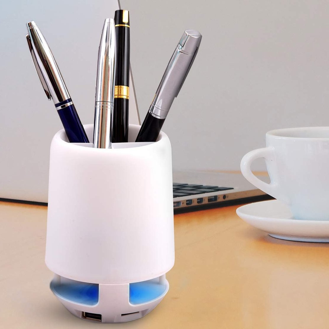Multifunctional 4-Compartment Pen Holder with 5W Bluetooth Speaker & Smart Color-Changing Desk Lamp - Shivani Jaswal Multifunctional 4-Compartment Pen Holder with 5W Bluetooth Speaker & Smart Color-Changing Desk Lamp