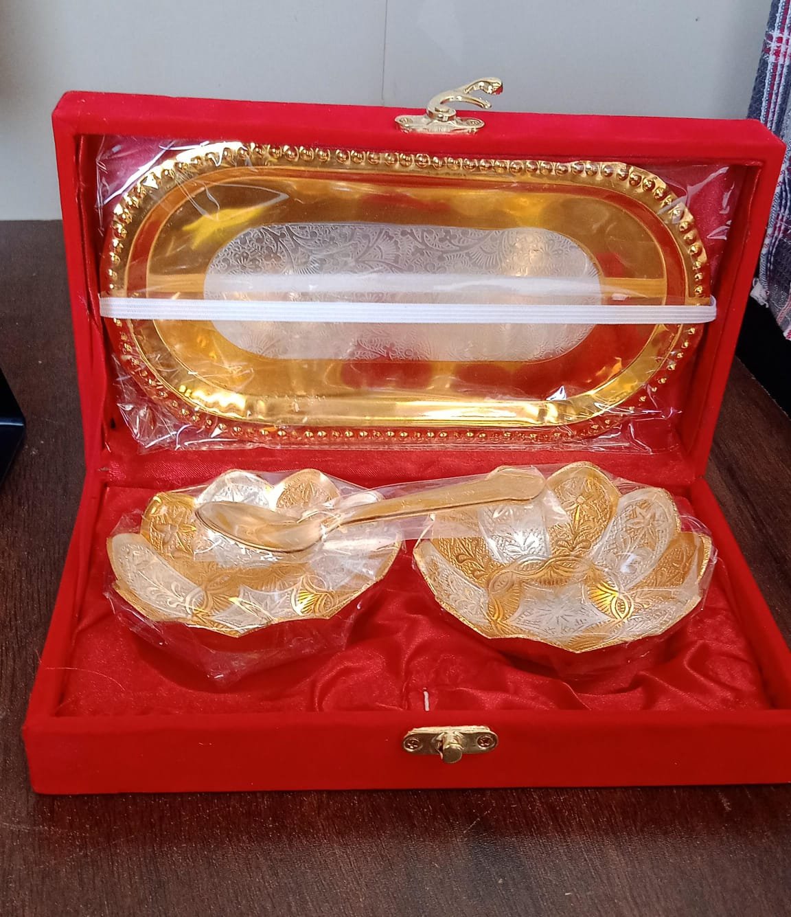 5in1 Gold Silver Plated 2 Bowl 2 Spoon Tray Set Brass with Red Velvet Gift Box Serving Dry Fruits Desserts Gift - Shivani Jaswal 5in1 Gold Silver Plated 2 Bowl 2 Spoon Tray Set Brass with Red Velvet Gift Box Serving Dry Fruits Desserts Gift