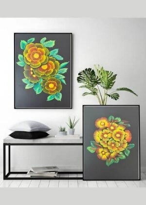 Golden Bloom Combo – 2 Acrylic Floral Paintings on 200 GSM Sheet, Framed in Black with Mirror Finish