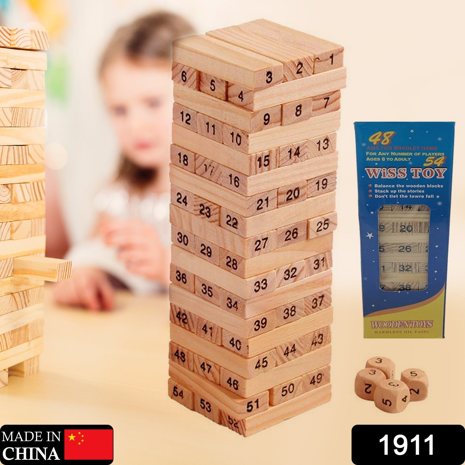 54 Pcs Blocks 4 Dices Wooden Tumbling Stacking Building - Shivani Jaswal 54 Pcs Blocks 4 Dices Wooden Tumbling Stacking Building