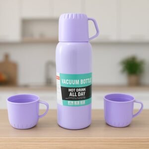 Vacuum Flask Set Ã¢â‚¬â€œ Stainless Steel Thermos with 3 Cups, Approx 500ml