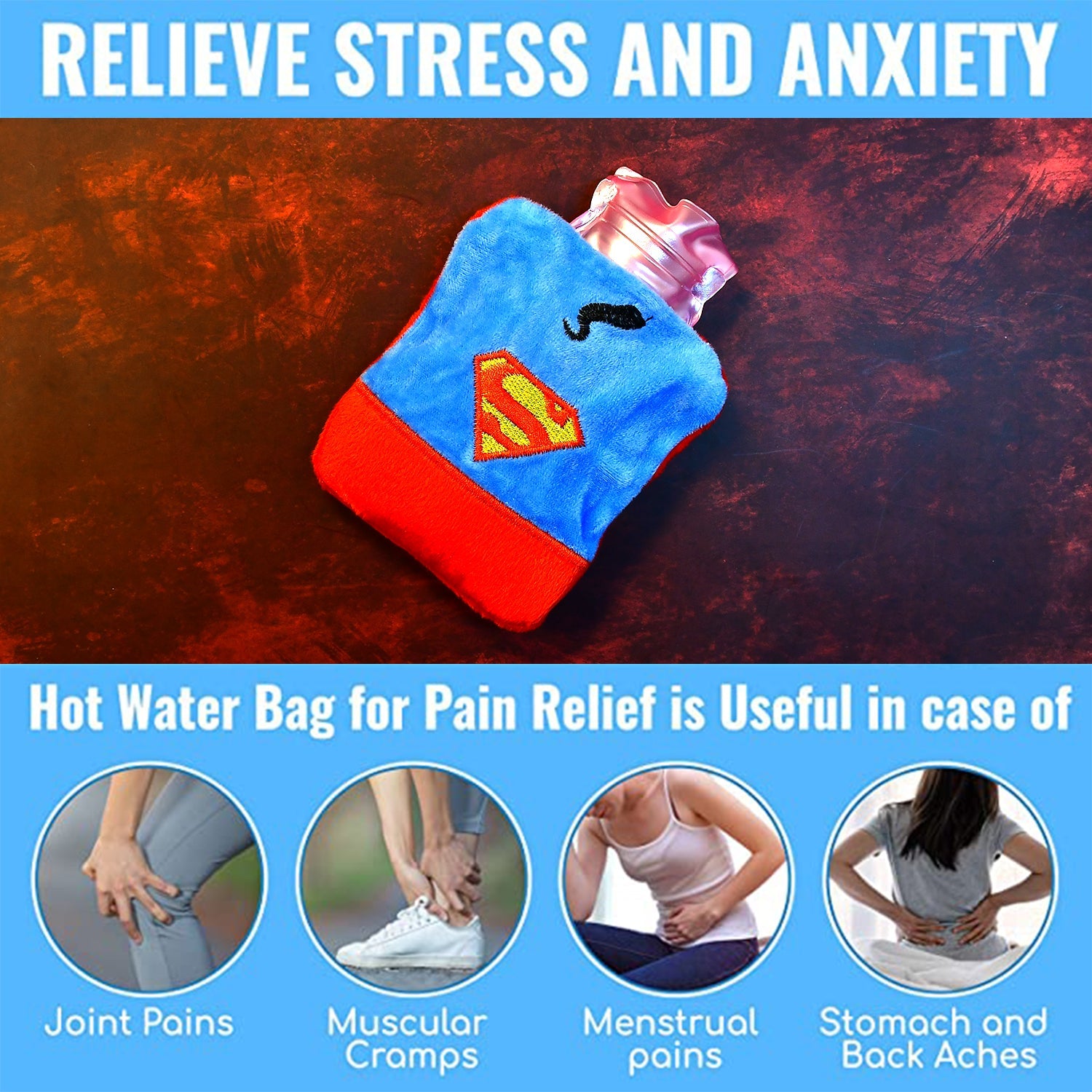 Superman Print Small Hot Water Bag with Cover for Pain Relief - Shivani Jaswal Superman Print Small Hot Water Bag with Cover for Pain Relief