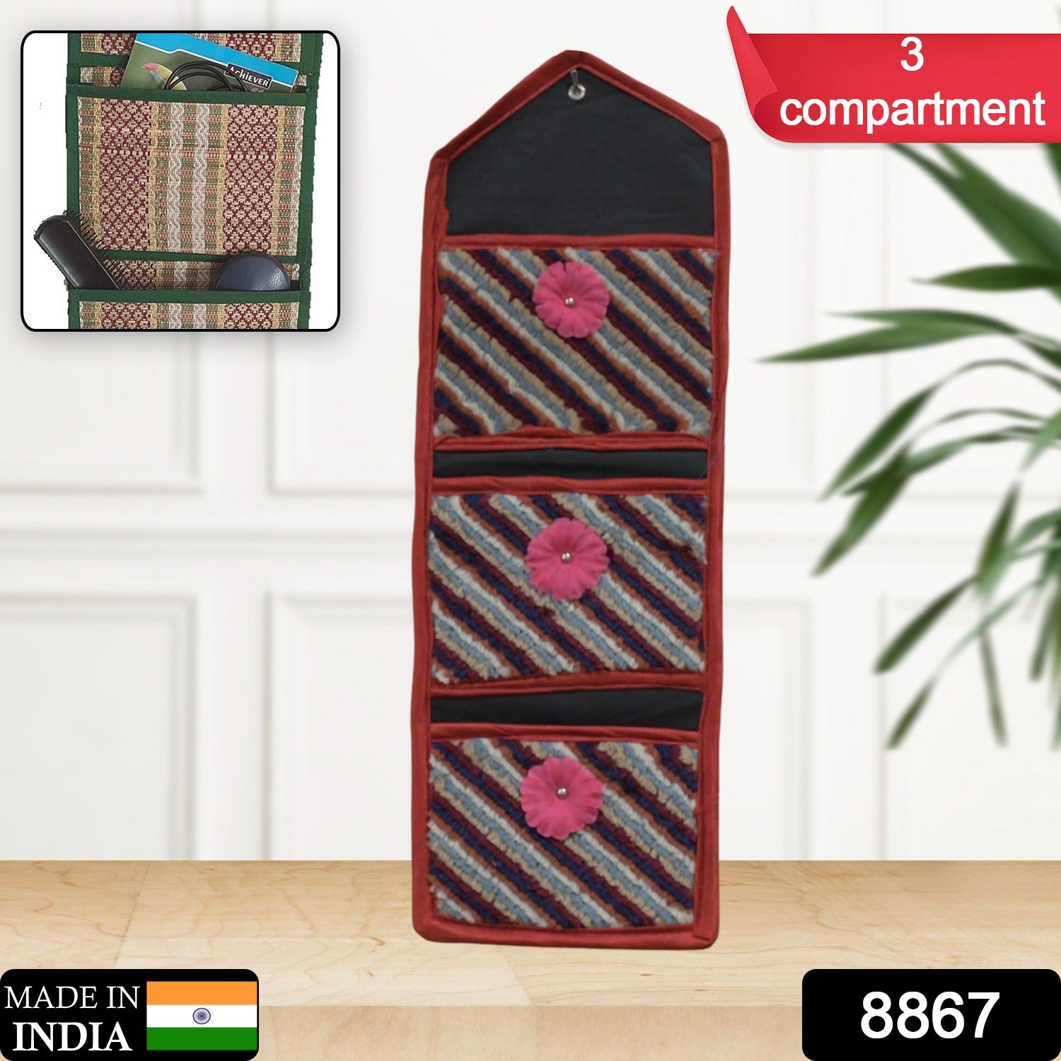 Foldable Hanging Organizer with 3 Pockets - Wall Hanging Letter Holder - Shivani Jaswal Foldable Hanging Organizer with 3 Pockets - Wall Hanging Letter Holder