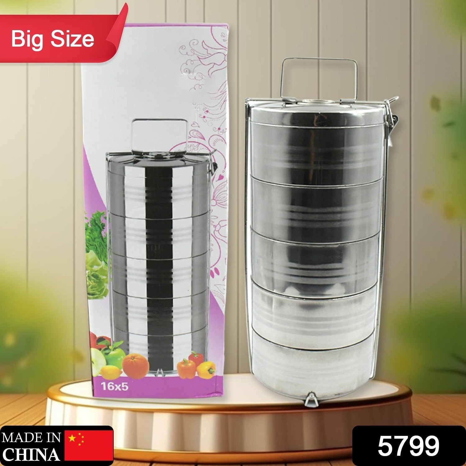 5 Compartment Lunch Box (Stainless Steel): Round Tiffin, Leakproof (16x5") - Shivani Jaswal 5 Compartment Lunch Box (Stainless Steel): Round Tiffin, Leakproof (16x5")