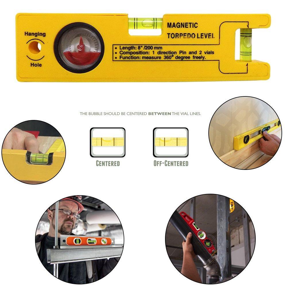 8-inch Magnetic Torpedo Level with 1 Direction Pin, 2 Vials and 360 Degree View - Shivani Jaswal 8-inch Magnetic Torpedo Level with 1 Direction Pin, 2 Vials and 360 Degree View