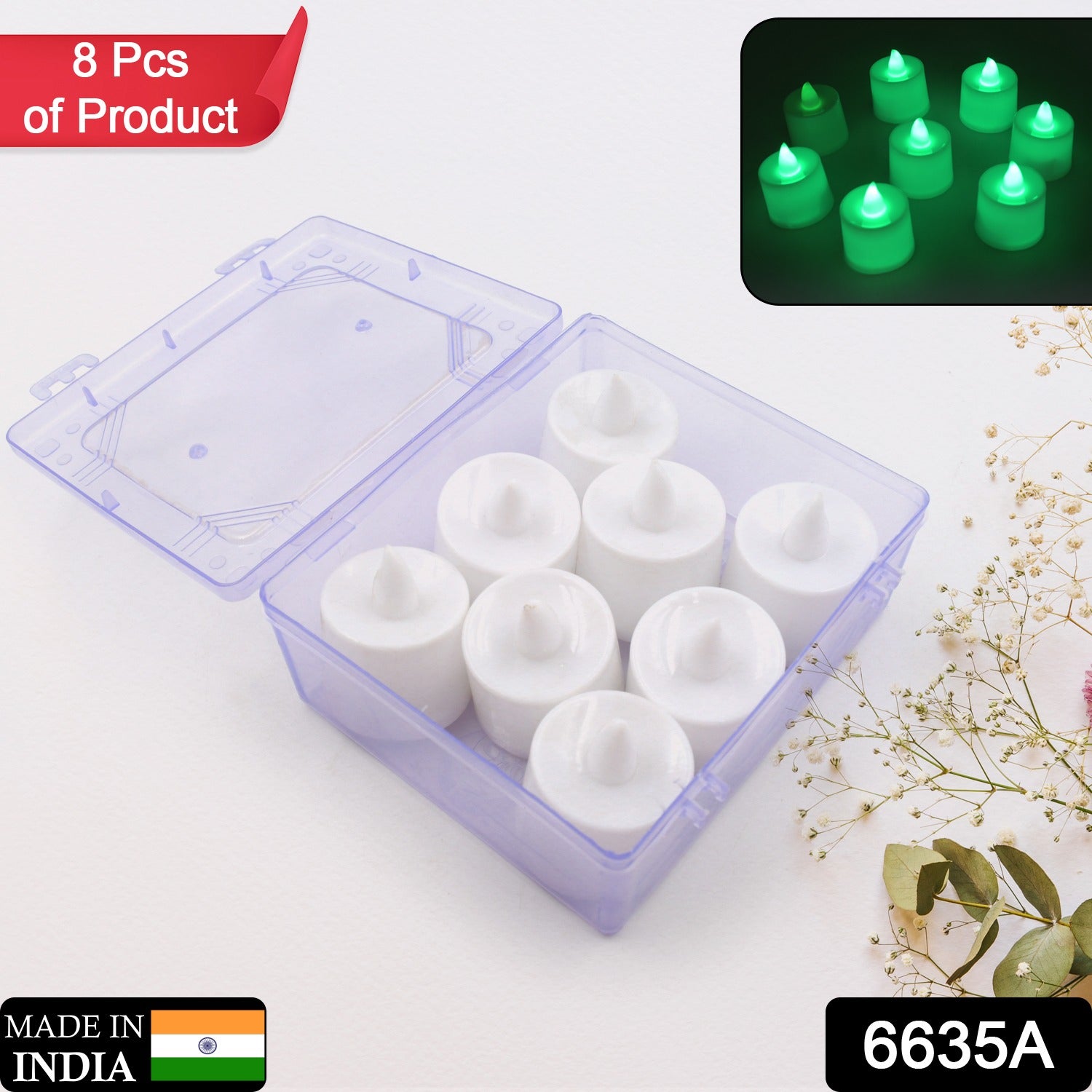 GREEN FLAMELESS LED TEALIGHTS, SMOKELESS PLASTIC DECORATIVE CANDLES - LED TEA LIGHT CANDLE FOR HOME DECORATION (PACK OF 8) - Shivani Jaswal GREEN FLAMELESS LED TEALIGHTS, SMOKELESS PLASTIC DECORATIVE CANDLES - LED TEA LIGHT CANDLE FOR HOME DECORATION (PACK OF 8)