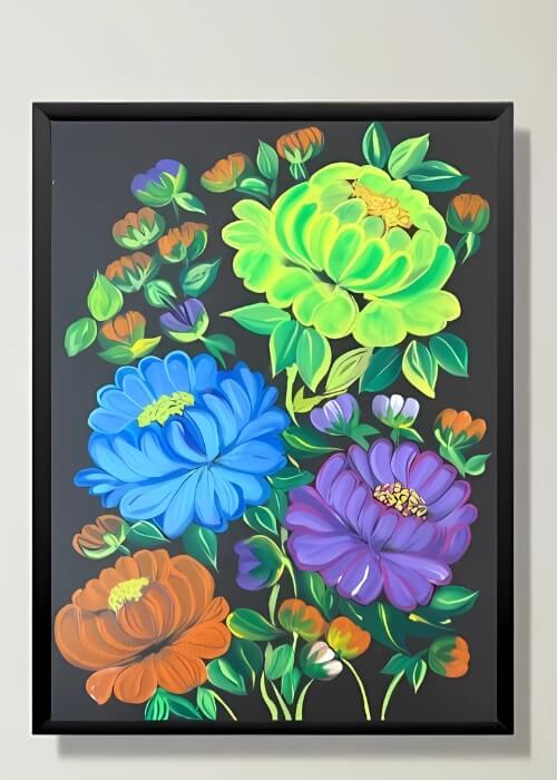 Bloom Symphony – Combo of 3 Acrylic Floral Paintings (9 x 12 in, Framed) - Shivani Jaswal Bloom Symphony – Combo of 3 Acrylic Floral Paintings on 200 GSM Sheet, Framed with Black Mirror Finish for Elegant Wall Décor