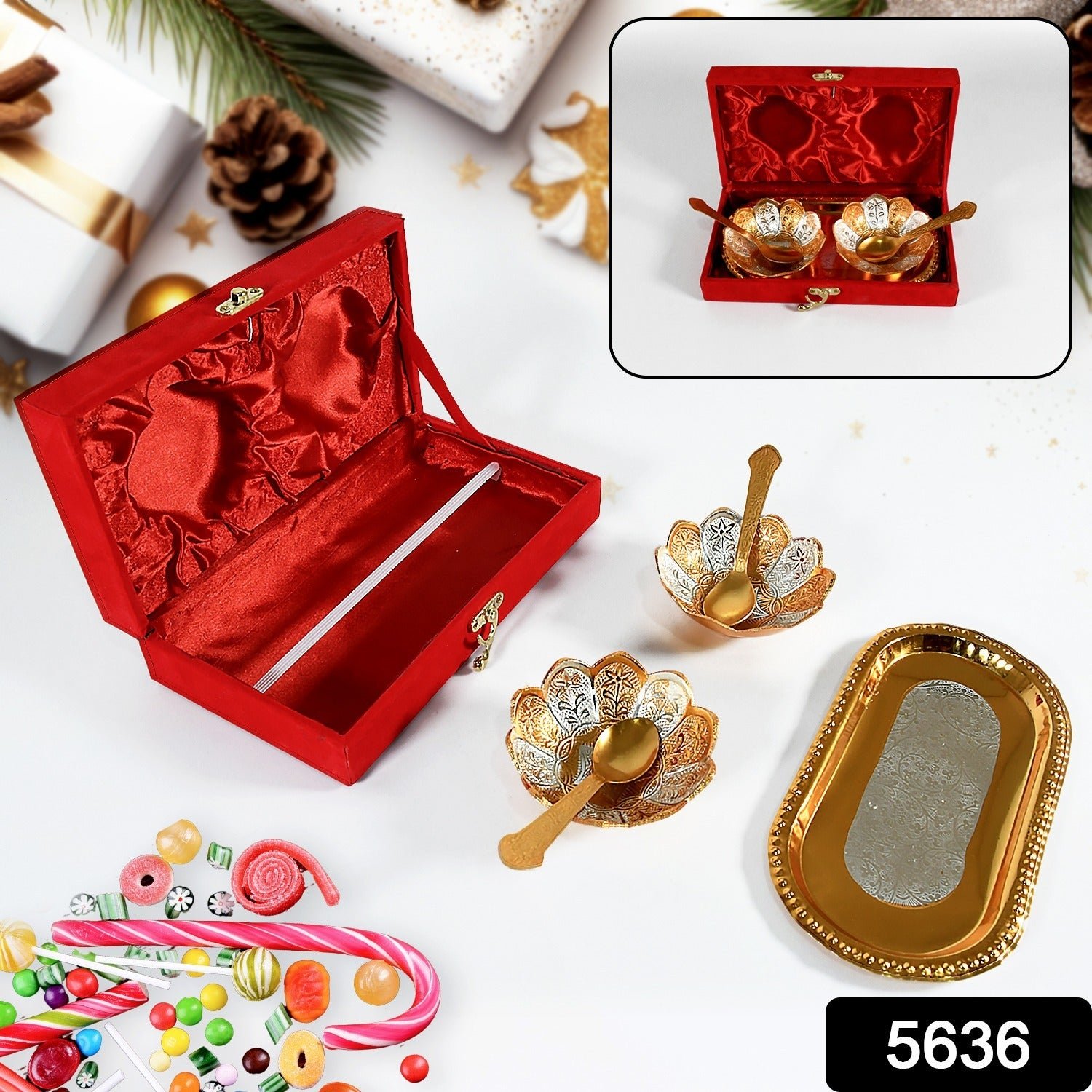 5in1 Gold Silver Plated 2 Bowl 2 Spoon Tray Set Brass with Red Velvet Gift Box Serving Dry Fruits Desserts Gift - Shivani Jaswal 5in1 Gold Silver Plated 2 Bowl 2 Spoon Tray Set Brass with Red Velvet Gift Box Serving Dry Fruits Desserts Gift