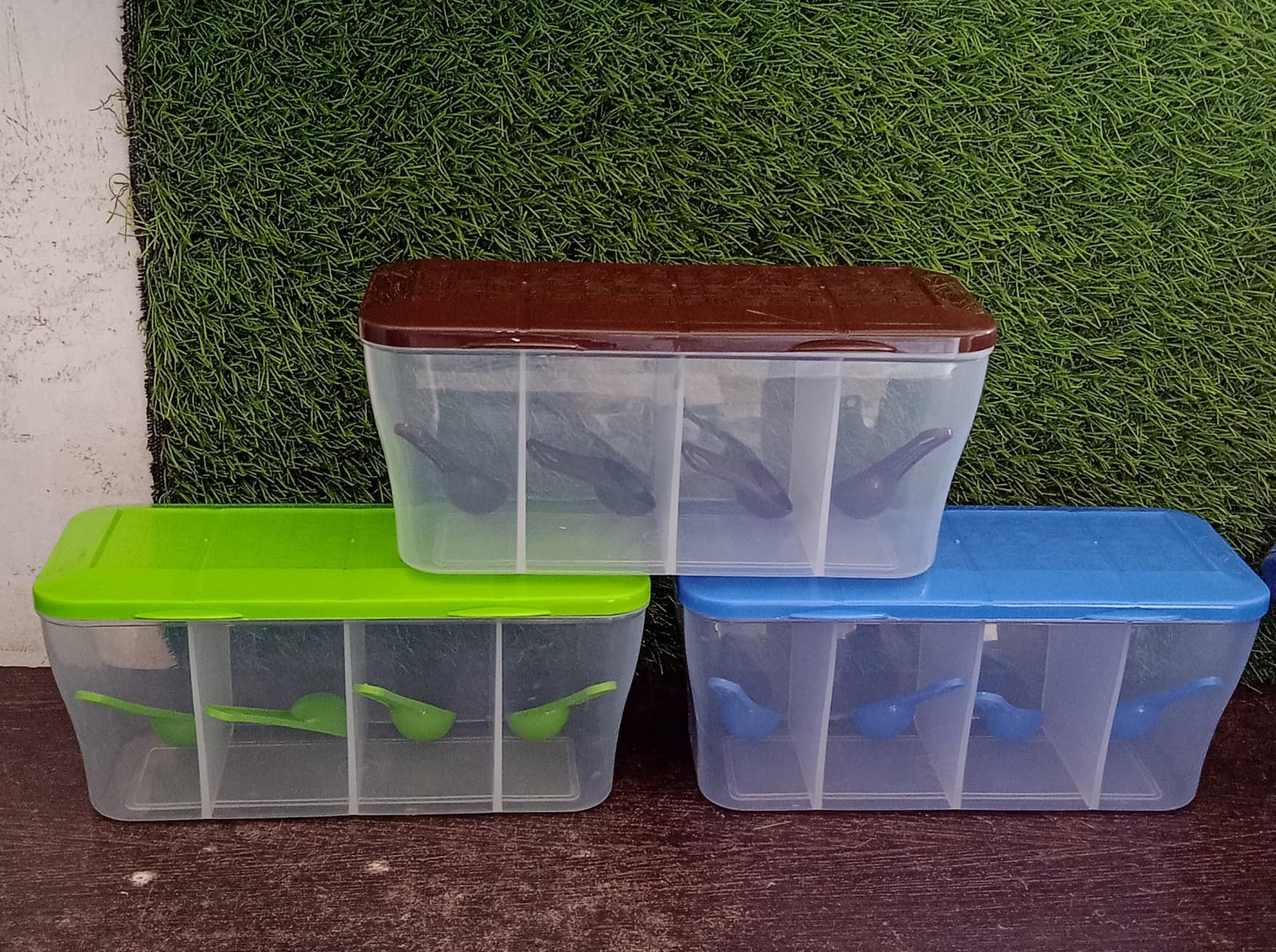Kitchen Airtight 4-Section Storage Container / Pickle Jar with 4 Spoons (1 Pc / Mix Color) - Shivani Jaswal Kitchen Airtight 4-Section Storage Container / Pickle Jar with 4 Spoons (1 Pc / Mix Color)
