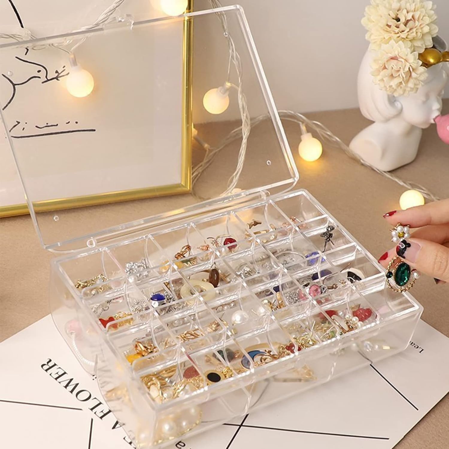 2 layer Acrylic Jewelry Storage Box Dustproof Earring Box, Storage Box Portable Nail Art Storage Case, 24-Grid Small and 6-Grid Big case Makeup Vanity Box (1 Pc / 30 Compartment) - Shivani Jaswal 2 layer Acrylic Jewelry Storage Box Dustproof Earring Box, Storage Box Portable Nail Art Storage Case, 24-Grid Small and 6-Grid Big case Makeup Vanity Box (1 Pc / 30 Compartment)